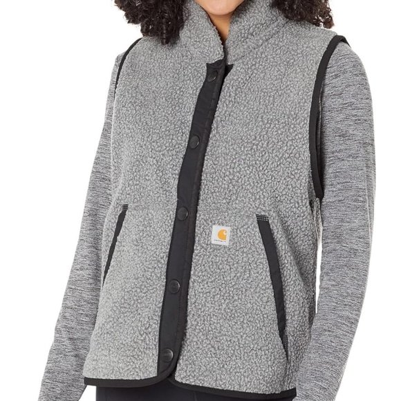 Carhartt Women’s Relaxed Fleece Snap Front Vest Sherpa Grey Black Various Sizes - Picture 2 of 4